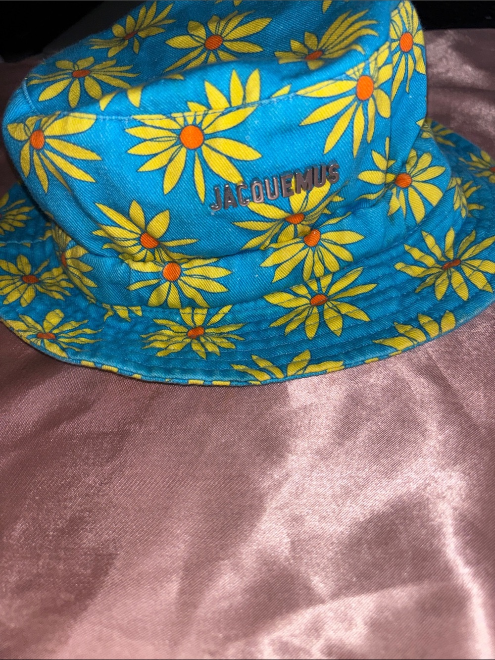 Jacquemus Turquoise Bucket Hat with Yellow Daisy Print